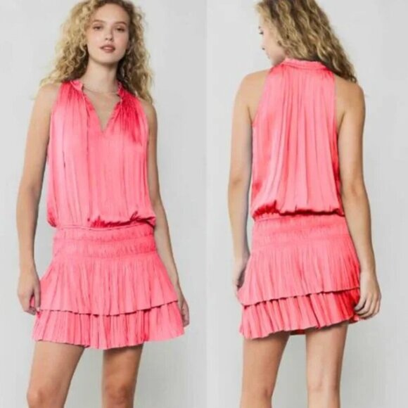 Current Air Hot Pink Print Satin Ruched Cara Pleated Mini Dress - Picture 1 of 7